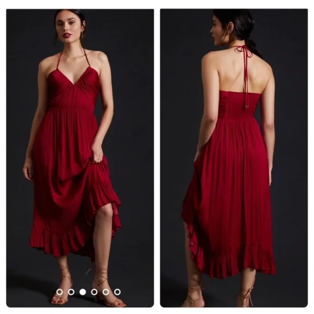 Anthropologie Ruched Halter Midi Dress Wine NWT XS